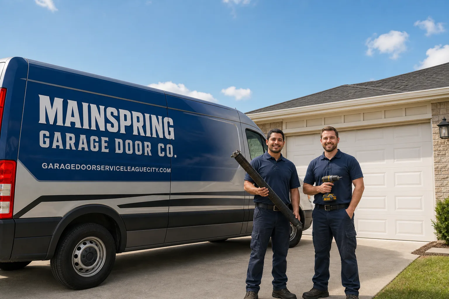 Mainspring Garage Door Co. garage door service vehicle and crew in League City, TX